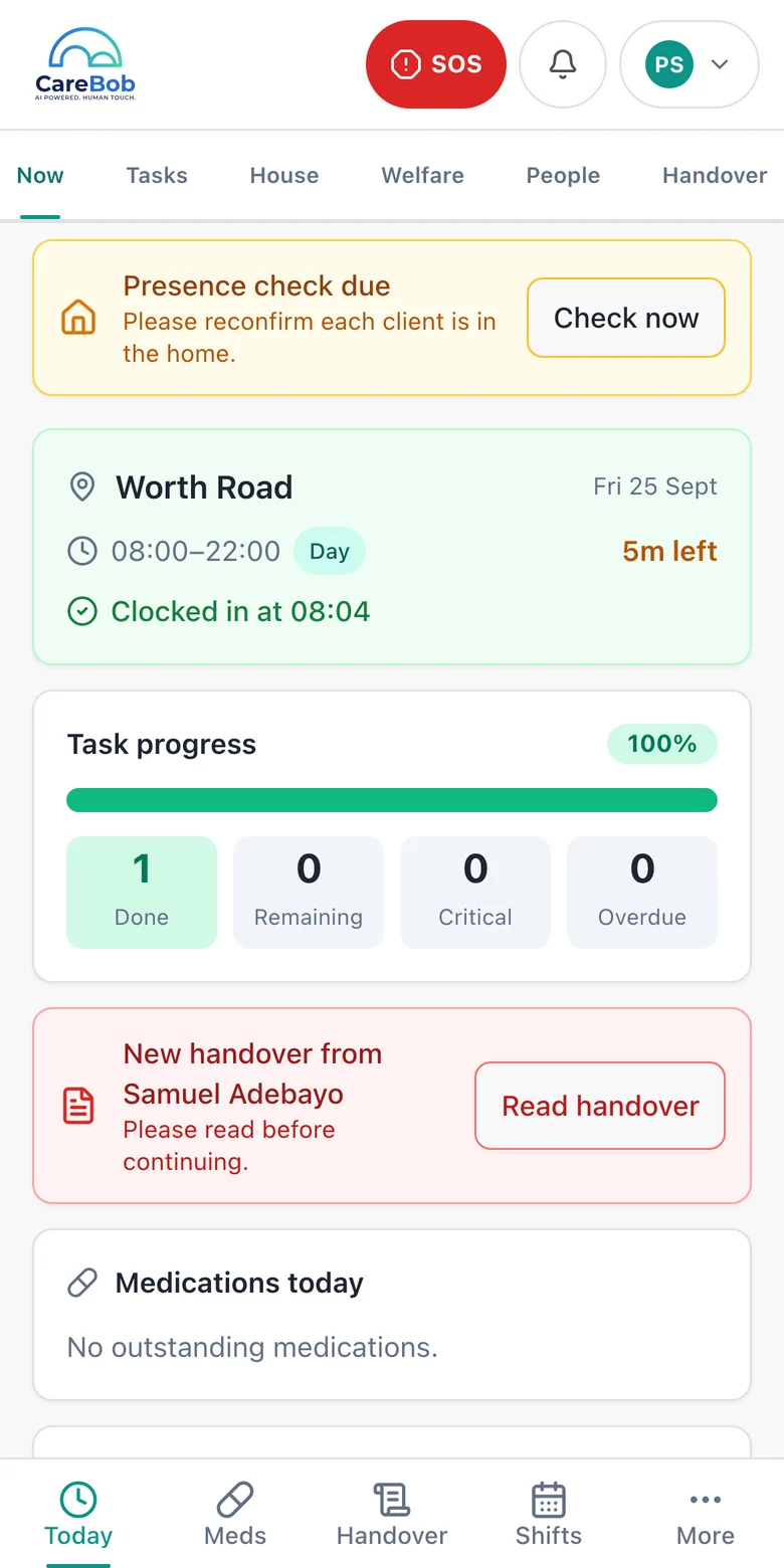 CareBob carer app — today's shift