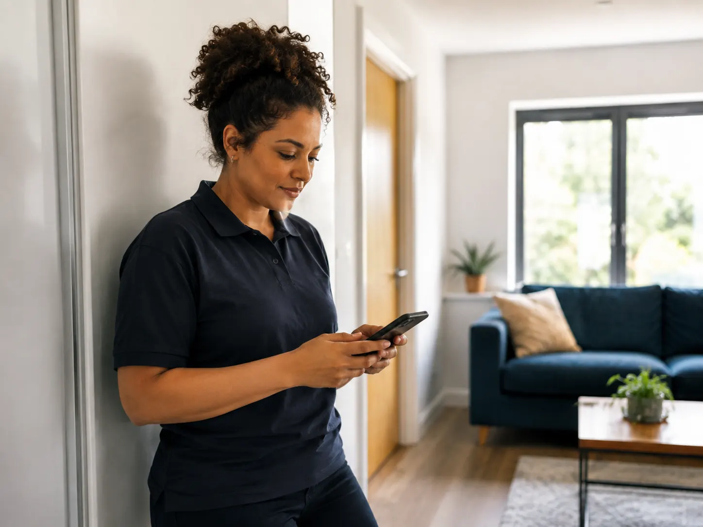 Support worker using a mobile phone during a supported living shift