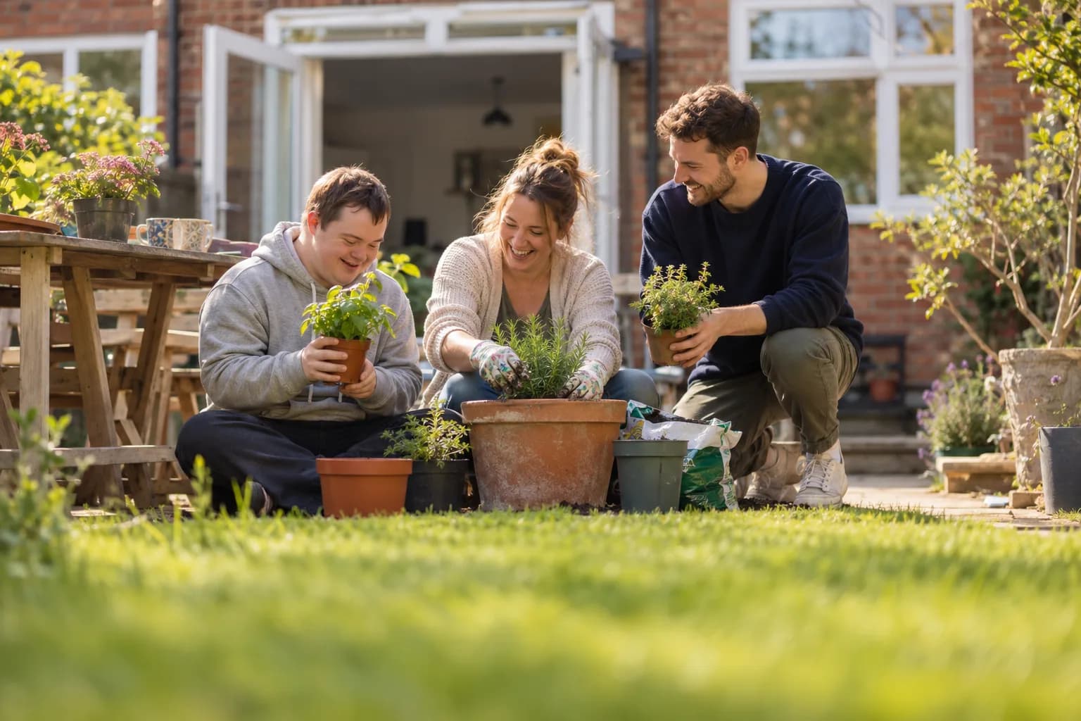 Two people being supported, and their support worker, potting herbs together on the lawn of their home